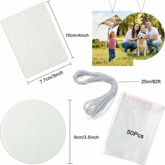 101Pcs Air Freshener Sublimation Blanks Kit Car Scented Hanging Sheets DIY Felt Sublimation Blank Air Freshener Sheet for Car and Home with Elastic Rope and Self-Seal Bags (Circle+Rectangle)
