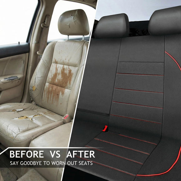 Leather Back Seat Cover Piping Waterproof Bench Seat Cover Rear Seat Cover Universal Fit for Cars Sedans SUVs Truck 95% Automotive Interior Backseat Car Covers (Rear Black and Red)