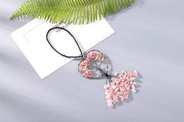 Pink Car Accessories Rose Quartz Crystal Rearview Mirror Hanging Accessories Crystal Car Hanging Ornament Heart Shape Hippie Boho Car Accessories Spiritual Decorations for Women - 0