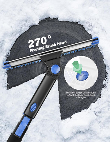 47” Car Snow Brush, 4 in 1 Extendable Auto Car Snow Removal Broom Brush with Squeegee, 270° Foam Grip Car Retractable Snow Shovel with Durable Ice Scraper and Gift Gloves for Car SUV, Blue. - 0