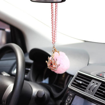 Car Mirror Hanging Accessories, Mini-Factory Rearview Mirror Hanging Bling Decoration Fluffy Luxury Diamond Crown with Pearl Chain - Pink - 0