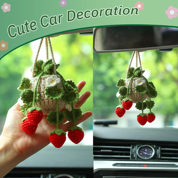 Crochet Hanging Plant for Car,Car Decorations Interior,Plant Strawberry Aesthetic Car Accessories for Women Interior Cute,Car Ornaments Charms for Rear View Mirror,Boho Car Decoration - 0