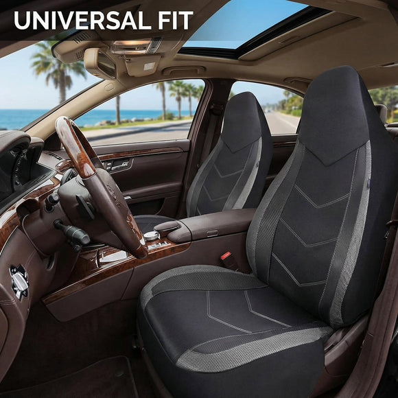 High Back Front Car Seat Covers - Sports Carbon Fiber Mesh Design Universal Fit Airbag Compatible (Gray)
