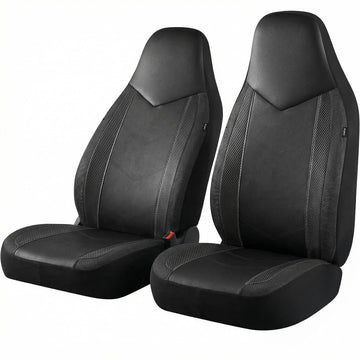 Leather Car Seat Covers Sports Carbon Fiber & Mesh Design High-Back Two Front Set Waterproof Automotive Seat Covers Airbag Compatible Universal Fit for Most Cars (Black & Black)