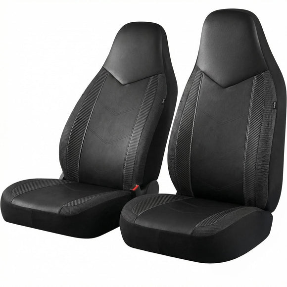 Leather Car Seat Covers Sports Carbon Fiber & Mesh Design High-Back Two Front Set Waterproof Automotive Seat Covers Airbag Compatible Universal Fit for Most Cars (Black & Black)