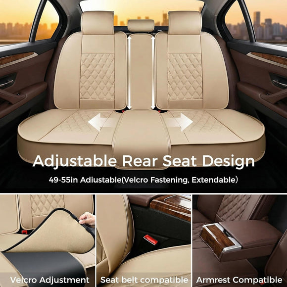Beige Back Seat Cover Adjustable Leather Rear Seat Cover Car Back Seat Cover with Breathable Non-Slip Universal Fit for Most Cars Sedan SUV Pickup Truck (Back Row/Beige)