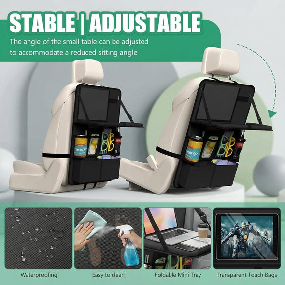 Car Backseat Organizer with Tablet Holder 11 Storage Pockets with Foldable Food Tray Protector Kick Mats for Kids Travel Accessories Organizer (Black 1Pack)