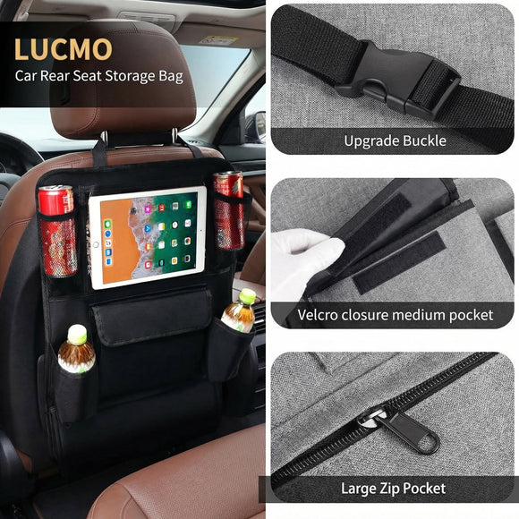 Car Backseat Organizer with Touch Screen Tablet Holder 9 Storage Pockets Protectors Kick Mats Travel Accessories for Kids-Black