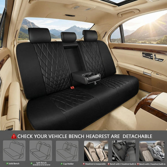 Luxury Faux Leather Rear Bench Car Seat Covers Waterproof Anti Slip Back Seat Covers Deluxe Automotive Backseat Cover Universal Fit for Most Cars Sedan SUV Pickup Truck (All Black)