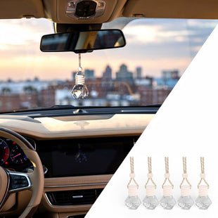 5PCS Hanging Car Air Freshener Auto Interior Decoration 8 ml Oil Diffuser Perfume Aromatherapy Pendant Empty Glass Bottle Fragrance Ornament with Vent Clip Wooden Cap and Rope (5 Rhombic)
