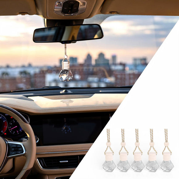 5PCS Hanging Car Air Freshener Auto Interior Decoration 8 ml Oil Diffuser Perfume Aromatherapy Pendant Empty Glass Bottle Fragrance Ornament with Vent Clip Wooden Cap and Rope (5 Rhombic)