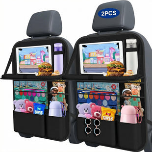 Car Backseat Organizer with Table Tray(2-Pack) 9 Storage Pockets Backseat Car Organizer and storage with Tablet Holder Kick Mats Back Seat Cover for Kids family Road Trip Essentials Travel