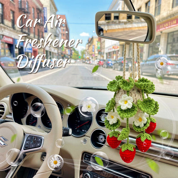 Crochet Car Air Freshener 15ml Empty Refillable Oil Diffuser Bottle with Hanging Crochet Strawberry Plant for Car Rearview Mirror Air Freshener Diffuser for Home and Office Decor