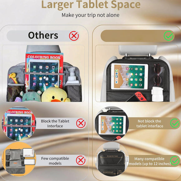 Car Backseat Organizer with Touch Screen Tablet Holder 9 Storage Pockets Storage Organizer Protectors Kick Mats Travel Accessories (Black 2 Pack with Food Tray)