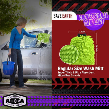 Car Wash Mitt Microfiber, 2PK-Scratch & Lint-Free, Premium Chenille Microfiber Wash Mitt Car Wash Brush-Green Regular Size (7.12''X10.14'') - 0