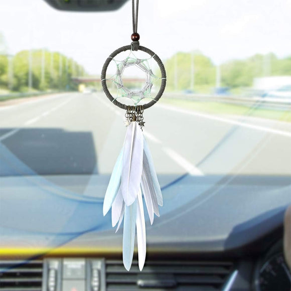 Dream Catcher Car Interior Rearview Mirror Hanging Decor Handmade Grids Nature Feather Small Boho Car Charms Pendant Accessories (Grey Feather)