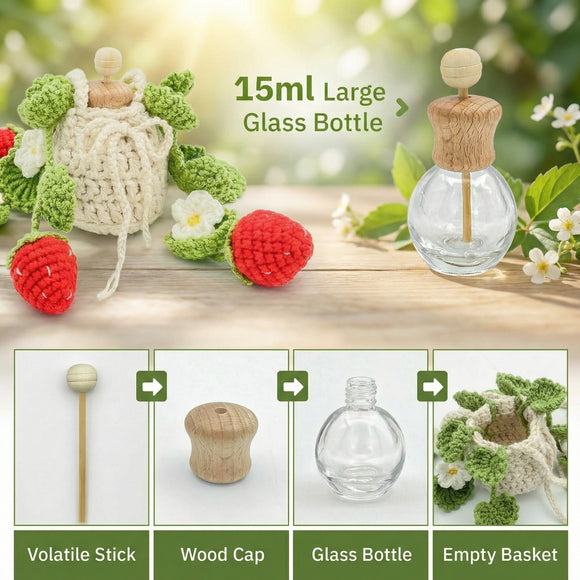 Crochet Car Air Freshener 15ml Empty Refillable Oil Diffuser Bottle with Hanging Crochet Strawberry Plant for Car Rearview Mirror Air Freshener Diffuser for Home and Office Decor