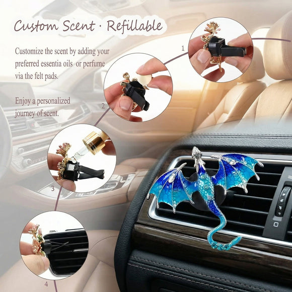 Bling Wyvern Car Air Freshener Vent Clips 2pcs Alloy Blue Enamel Dragon Vent Clips Car Accessories Refillable Car Diffuser with Felt Mads Coffee Fragrance Tablets