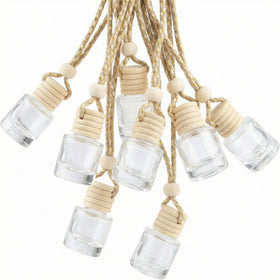 20 Pcs 8ml Hanging Car Air Freshener Diffuser Empty Clear Glass Essential Diffuser Oil Aromatherapy Fragrance Perfume Pendant Glass Vials with Wooden Caps & Hanging String Cylindrical