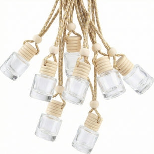 20 Pcs 8ml Hanging Car Air Freshener Diffuser Empty Clear Glass Essential Diffuser Oil Aromatherapy Fragrance Perfume Pendant Glass Vials with Wooden Caps & Hanging String Cylindrical