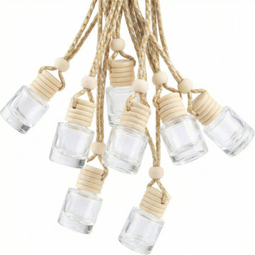 20 Pcs 8ml Hanging Car Air Freshener Diffuser Empty Clear Glass Essential Diffuser Oil Aromatherapy Fragrance Perfume Pendant Glass Vials with Wooden Caps & Hanging String Cylindrical