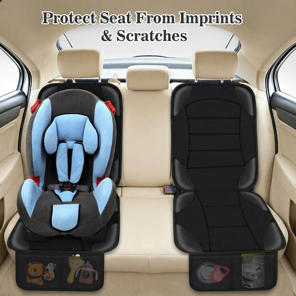 Car Seat Protector for Child Car Seat Waterproof Car Seat Cover for Leather and Fabric Seats 2 Mesh Pockets Non-Slip Bottom Thick Padding Cushion (Black)