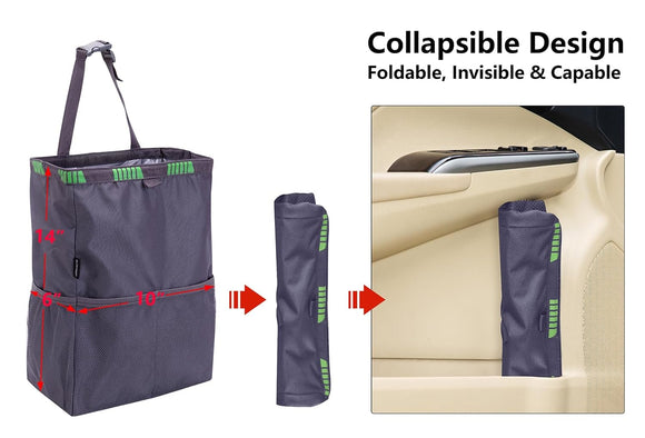 Car Trash Bag Hanging, 3.5 Gallons Large Capacity Car Trash Can for SUV, Leakproof Car Garbage Bag for Back Seat, Car Accessories, Foldable Car Organizer with 4 Pockets for Camping Gray