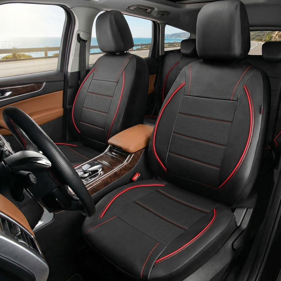 Universal FIT Piping Leather Car Seat Cover for suvs Van Trucks Airbag Compatible Inside Zipper Design and Reserved Opening Holes (Full Set Black and Red)