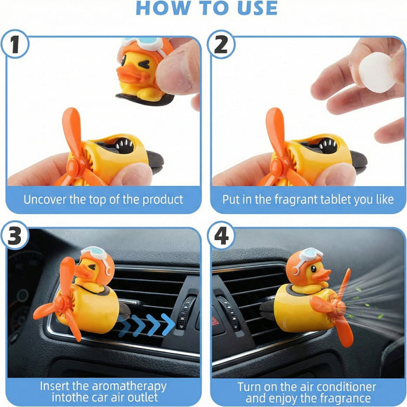 Car Air Freshener Cute Cartoon Yellow Duck Pilot Car Diffuser Rotating Propeller Automotive Air Outlet Fan Creative Car Perfume Decoration Cool Car Accessories Comes with 4 Fragrant Tablets
