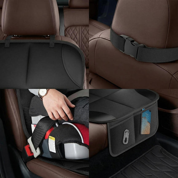 Car Seat Protector Large Auto Protector for Child Seats with Thickest Padding and Non-Slip Backing Mesh Pockets for SUV Sedan Truck Leather and Fabric - Black