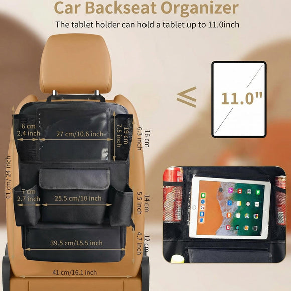 Car Backseat Organizer with Touch Screen Tablet Holder 9 Storage Pockets Protectors Kick Mats Travel Accessories for Kids-Black