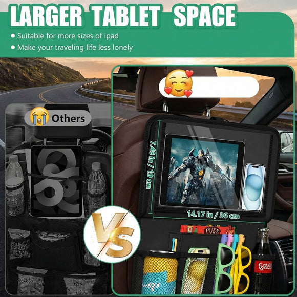 Car Backseat Organizer with Tablet Holder 11 Storage Pockets with Foldable Food Tray Protector Kick Mats for Kids Travel Accessories Organizer (Black 1Pack)