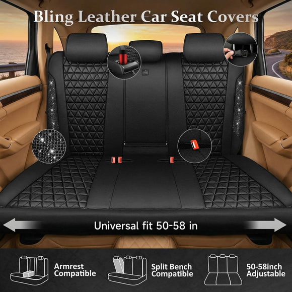 Bling Back Seat Cover Waterproof Leather Bench Rear Seat Cover Shining Diamond Truck Glitter Crystal Sparkly Rhinestone Universal Fit Armrest Automotive Kid Women Girl Black Diamond