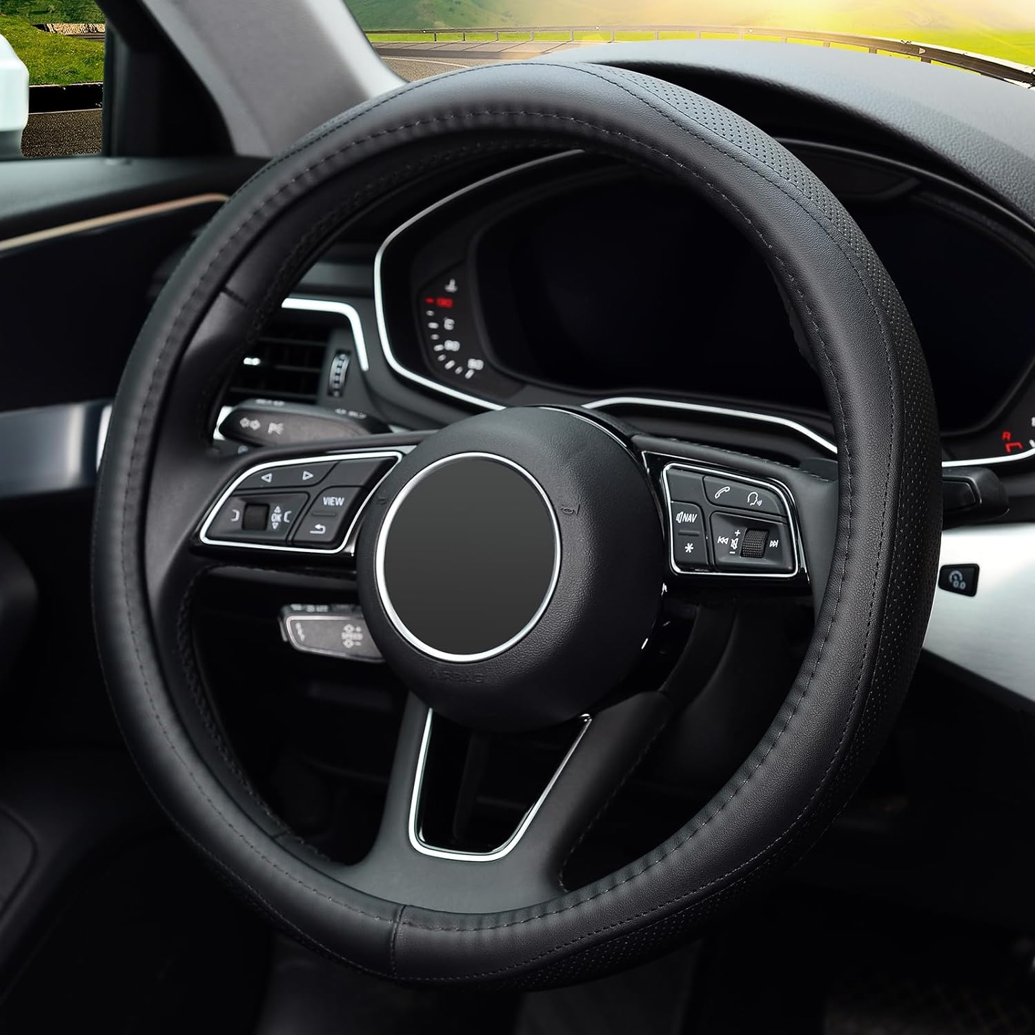 Steering Wheel Cover, Universal 15 inch, Microfiber Leather, Anti-Slip, Odorless, Black Lines
