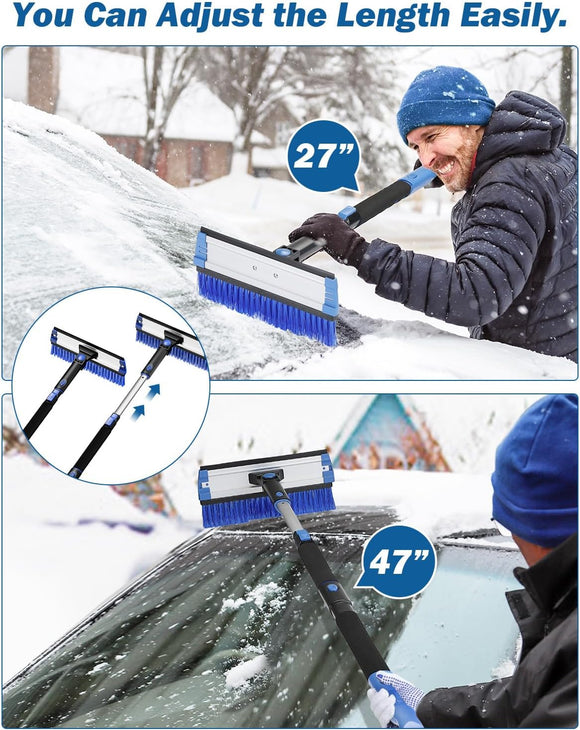 47” Car Snow Brush, 4 in 1 Extendable Auto Car Snow Removal Broom Brush with Squeegee, 270° Foam Grip Car Retractable Snow Shovel with Durable Ice Scraper and Gift Gloves for Car SUV, Blue.