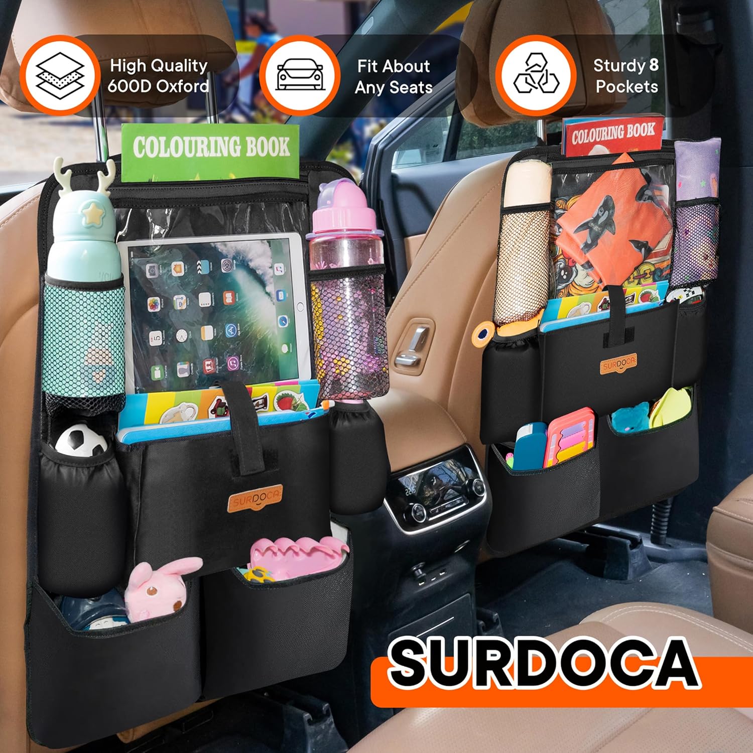 Upgraded Car Organizer with 11-inch Tablet Holder, 8 Pockets, Car Seat Protector for Road Trips - Car Storage and Organizers for Kids