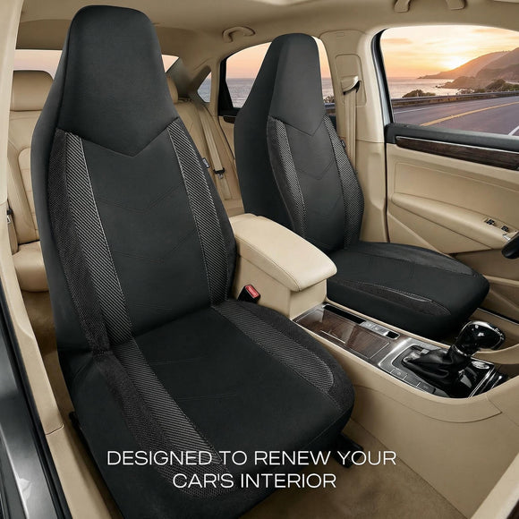 High Back Front Car Seat Covers - Sports Carbon Fiber Mesh Design Universal Fit Airbag Compatible (Black)