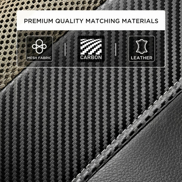 Leather Car Seat Covers Sports Carbon Fiber & Mesh Design High-Back Two Front Set Waterproof Automotive Seat Covers Airbag Compatible Universal Fit for Most Cars (Black & Beige)