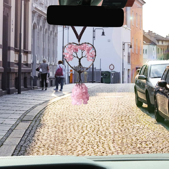 Pink Car Accessories Rose Quartz Crystal Rearview Mirror Hanging Accessories Crystal Car Hanging Ornament Heart Shape Hippie Boho Car Accessories Spiritual Decorations for Women