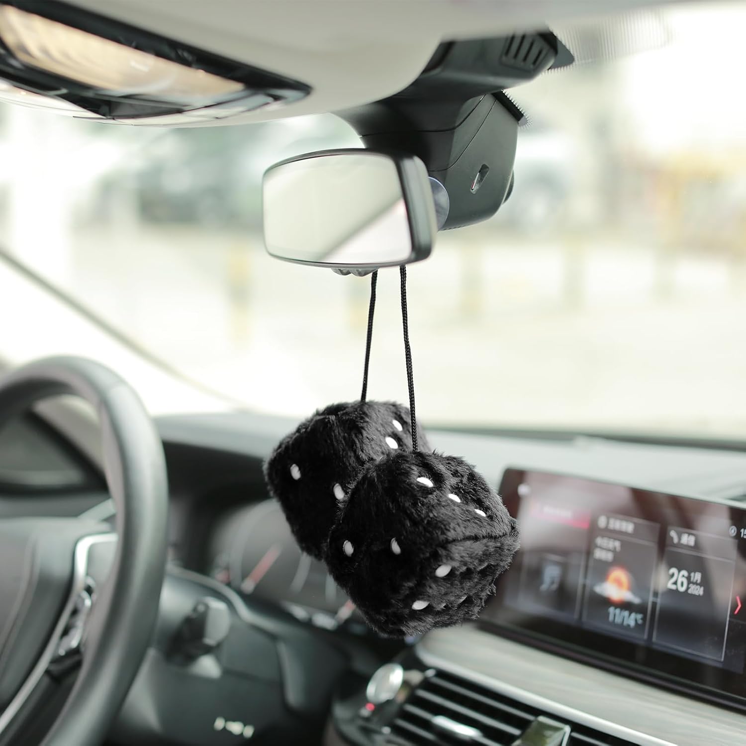 2.75” Fuzzy Dice with Leather Dots Retro Car Mirror Hanging Accessories for Car Decoration (Black)