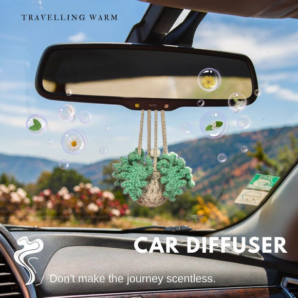 Handmade Crochet Car Air Freshener - Adorable Bendable Fern Plant with 8ml Empty Refillable Oil Diffuser Bottle Suitable for Car Rearview Mirror Hanging Home & Office Decor