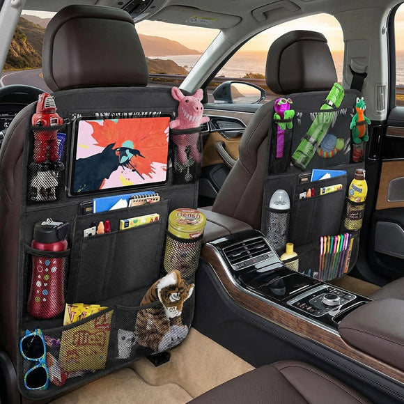 Car Backseat Organizer with 10 Table Holder 9 Storage Pockets Seat Back Protectors Kick Mats for Kids Toddlers Travel Accessories 2 Pack