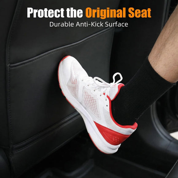 Leather Seat Back Protector Designed for Tesla Model Y Model 3 Model S/X Accessories(Includes 2025 New Model Y & 2024-2025 Model 3 Highland) Wear-Resistant Kick Mats with Organizer Pocket Set of 2