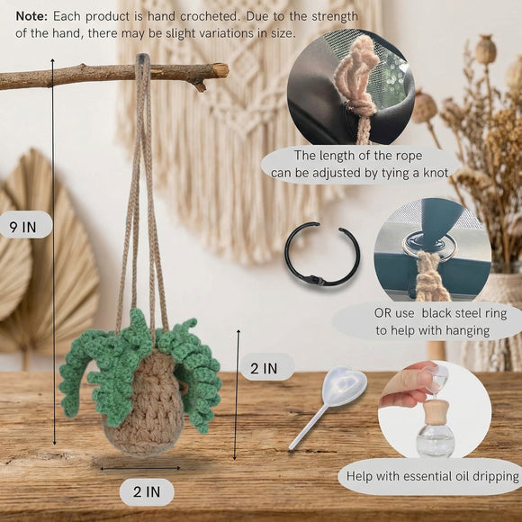 Handmade Crochet Hanging Car Air Freshener - Botanical Fern Leaf Design with 12ml Refillable Glass Essential Oil Bottle Long-Lasting Car Diffuser & Nature-Inspired Decor