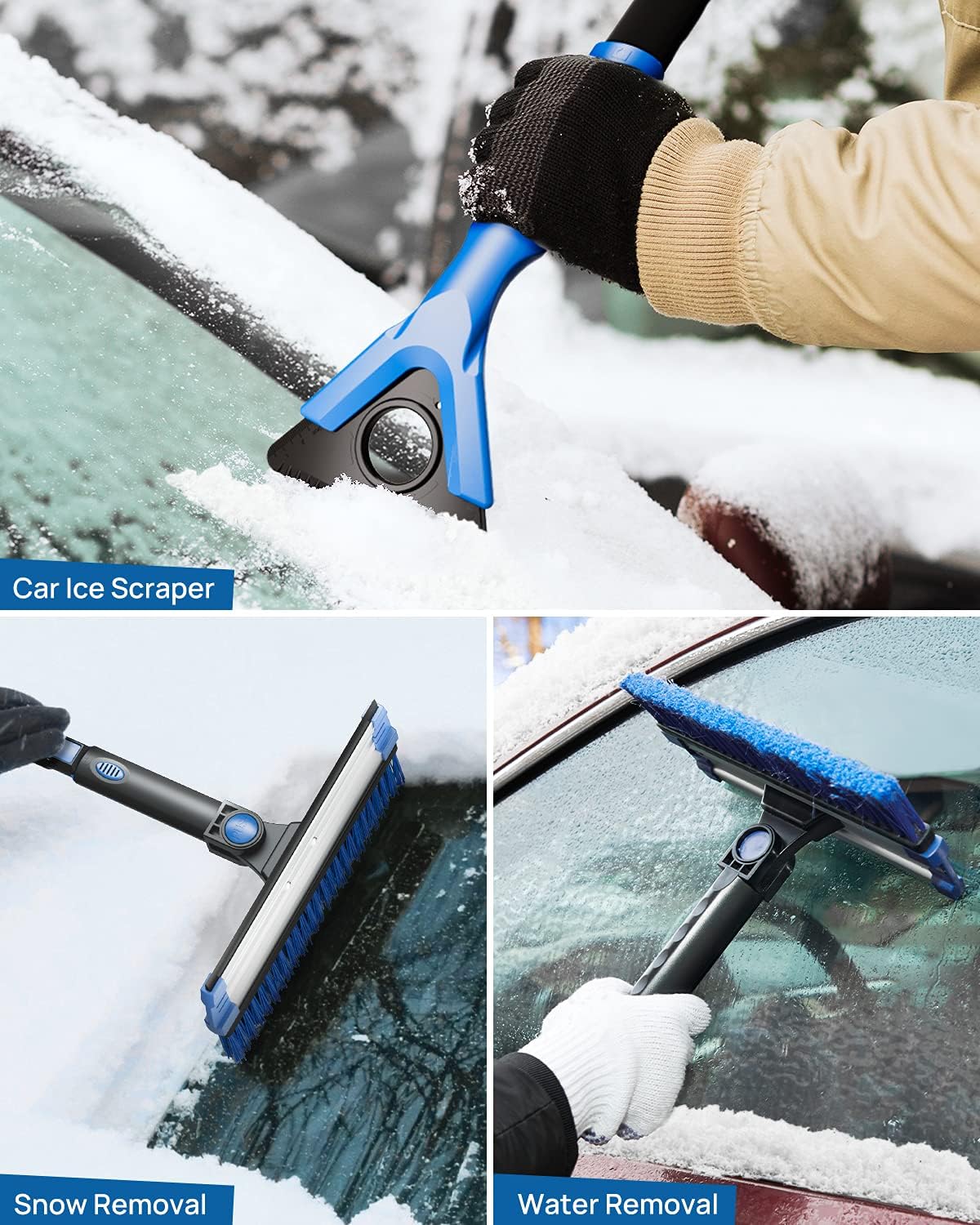 47” Car Snow Brush, 4 in 1 Extendable Auto Car Snow Removal Broom Brush with Squeegee, 270° Foam Grip Car Retractable Snow Shovel with Durable Ice Scraper and Gift Gloves for Car SUV, Blue.