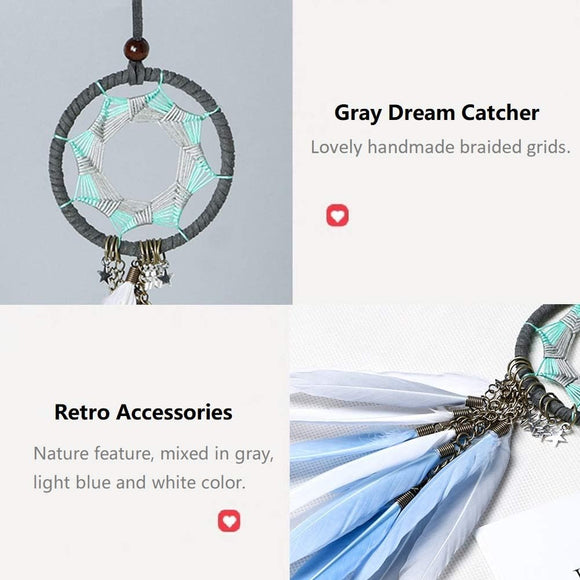 Dream Catcher Car Interior Rearview Mirror Hanging Decor Handmade Grids Nature Feather Small Boho Car Charms Pendant Accessories (Grey Feather)