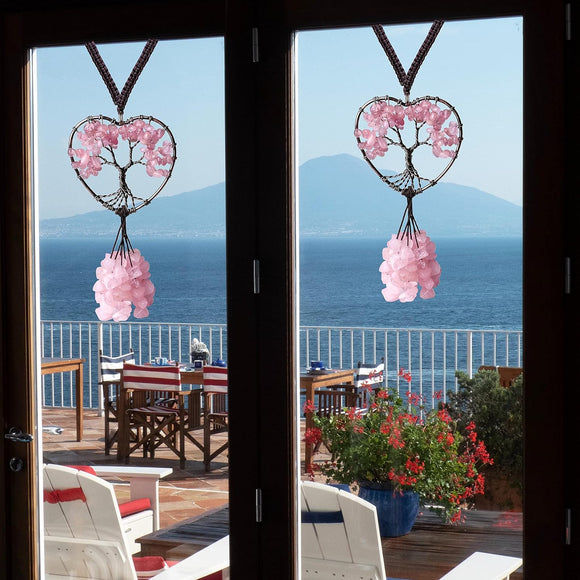 Pink Car Accessories Rose Quartz Crystal Rearview Mirror Hanging Accessories Crystal Car Hanging Ornament Heart Shape Hippie Boho Car Accessories Spiritual Decorations for Women