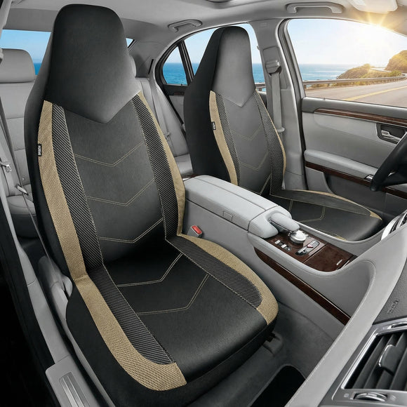 Leather Car Seat Covers Sports Carbon Fiber & Mesh Design High-Back Two Front Set Waterproof Automotive Seat Covers Airbag Compatible Universal Fit for Most Cars (Black & Beige)
