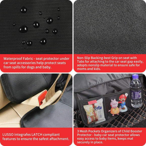 Car Seat Protector - Seat Protection Mat - Thick Padding - Durable, Waterproof Fabric, Leather Reinforced Corners & 3 Pockets for Handy Storage Black