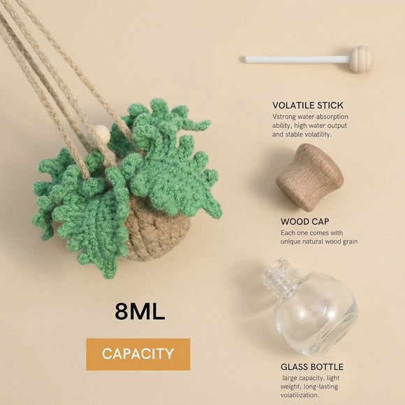 Handmade Crochet Car Air Freshener - Adorable Bendable Fern Plant with 8ml Empty Refillable Oil Diffuser Bottle Suitable for Car Rearview Mirror Hanging Home & Office Decor